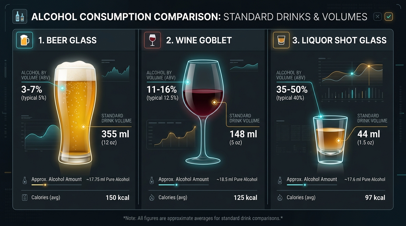 Infographic diagram comparing regular beer, table wine, and distilled liquor shots showing standard drink volumes and pure ethanol grams