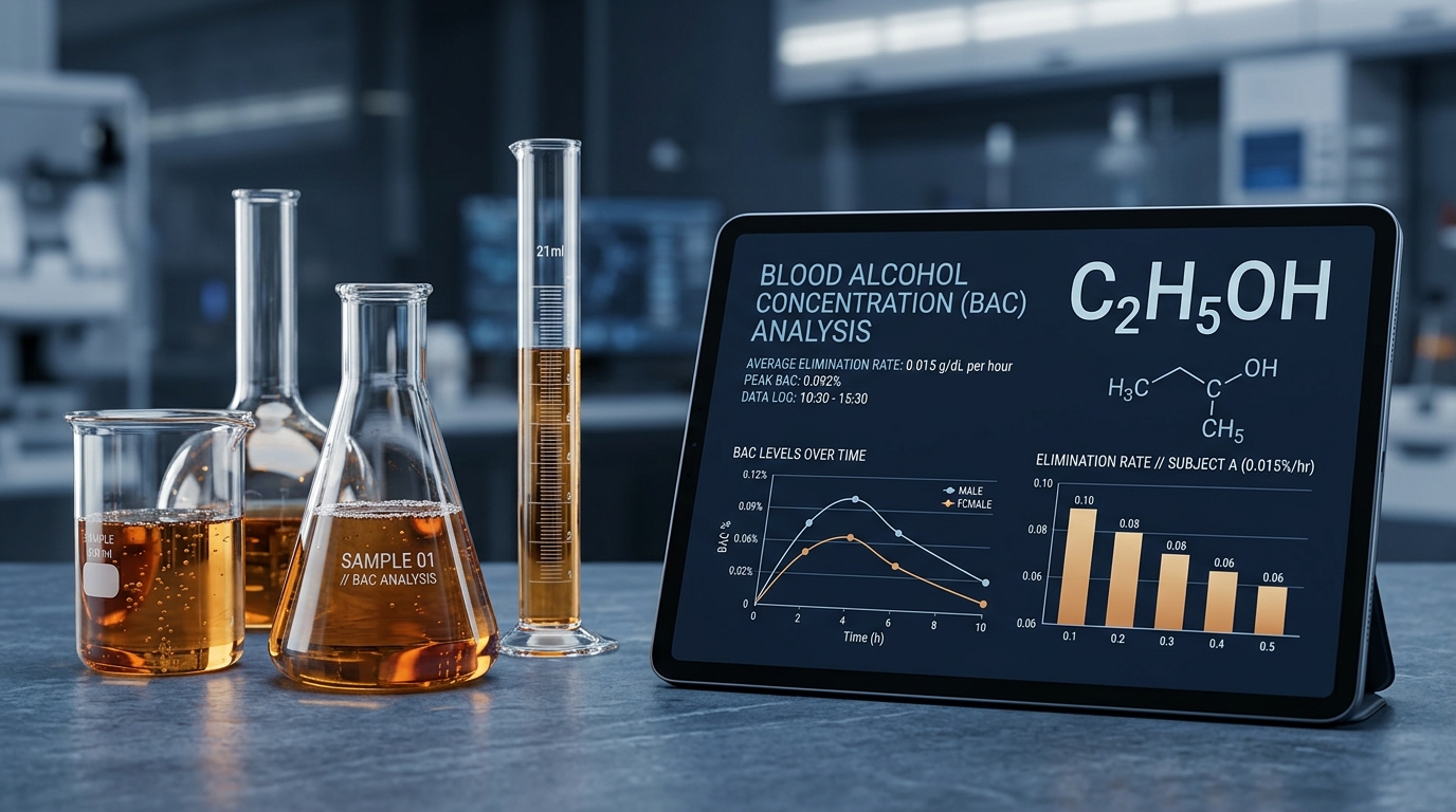 Laboratory tablet displaying blood alcohol concentration analysis curves, chemical ethanol formula, and elimination rate data